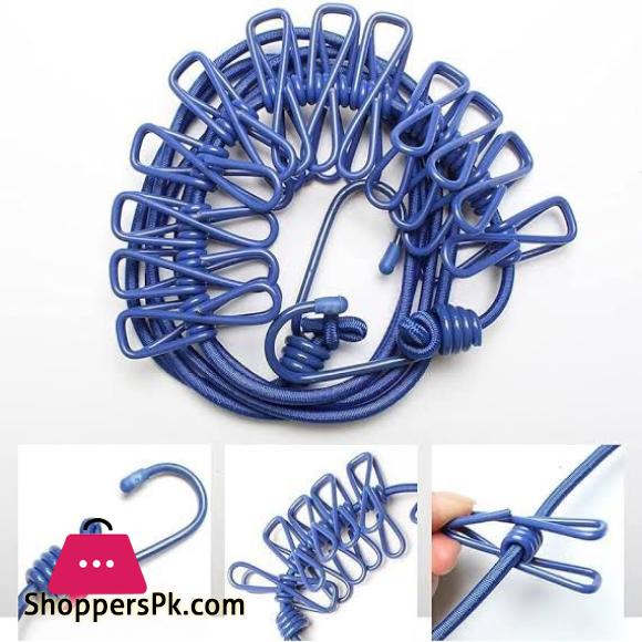 1Pcs Clothesline Rope Elastic Cloth Drying Hanging Rope with 12 Clips and 2 Hooks Travel Clothesline Hanging Laundry Drying Rope | 1pcs (Random Colour)