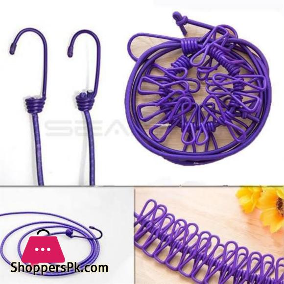 1Pcs Clothesline Rope Elastic Cloth Drying Hanging Rope with 12 Clips and 2 Hooks Travel Clothesline Hanging Laundry Drying Rope | 1pcs (Random Colour)
