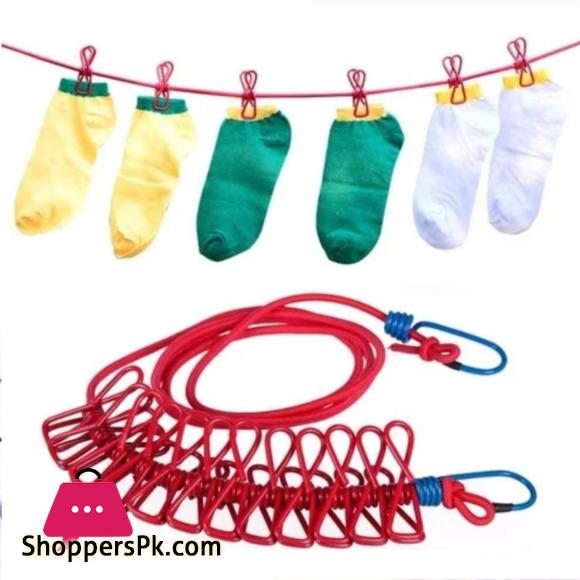 1Pcs Clothesline Rope Elastic Cloth Drying Hanging Rope with 12 Clips and 2 Hooks Travel Clothesline Hanging Laundry Drying Rope | 1pcs (Random Colour)