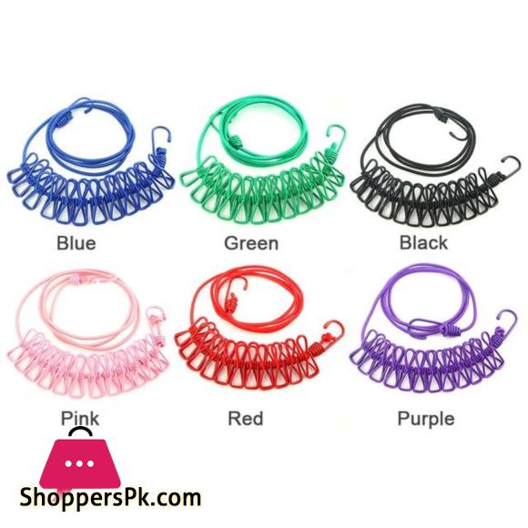 1Pcs Clothesline Rope Elastic Cloth Drying Hanging Rope with 12 Clips and 2 Hooks Travel Clothesline Hanging Laundry Drying Rope | 1pcs (Random Colour)
