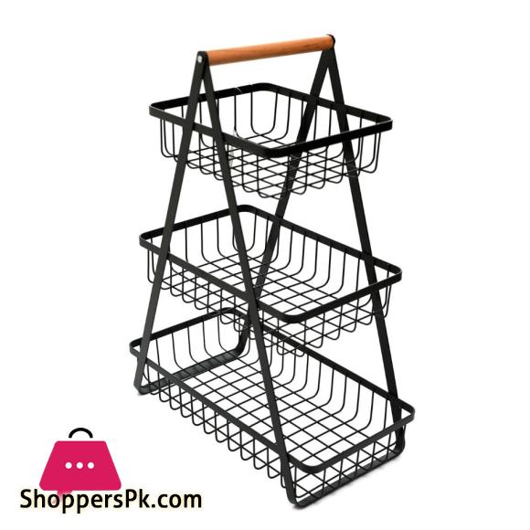 Countertop Metal Fruit Vegetable Basket 3-layer Standing Bread Fruit Vegetable Storage Rack, With Wooden Handle For Kitchen Storage