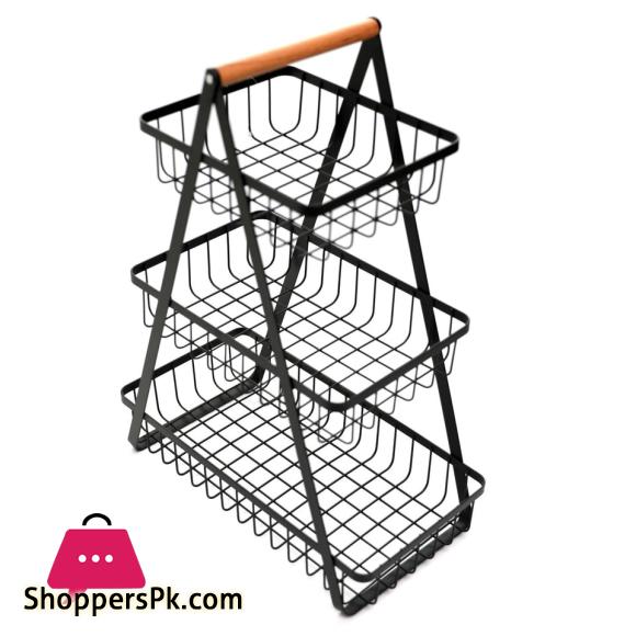 Countertop Metal Fruit Vegetable Basket 3-layer Standing Bread Fruit Vegetable Storage Rack, With Wooden Handle For Kitchen Storage