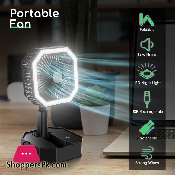 LE 2 In 1 Mini Cooling Fan With Led Light Portable Foldable Adjustable Height Angle Usb Rechargeable Air Cooler Fan