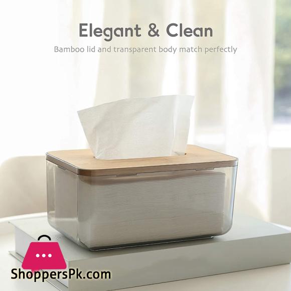 Minimalist Tissue Box Cover Holder, Modern Transparent Rectangular Bamboo Facial Tissues Dispenser for Bathroom, Bedroom