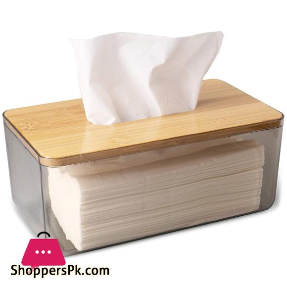 Minimalist Tissue Box Cover Holder, Modern Transparent Rectangular Bamboo Facial Tissues Dispenser for Bathroom, Bedroom