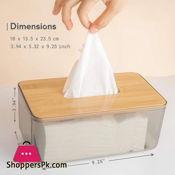 Minimalist Tissue Box Cover Holder, Modern Transparent Rectangular Bamboo Facial Tissues Dispenser for Bathroom, Bedroom