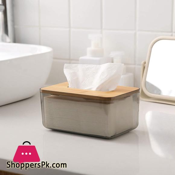 Minimalist Tissue Box Cover Holder, Modern Transparent Rectangular Bamboo Facial Tissues Dispenser for Bathroom, Bedroom