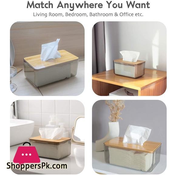 Minimalist Tissue Box Cover Holder, Modern Transparent Rectangular Bamboo Facial Tissues Dispenser for Bathroom, Bedroom