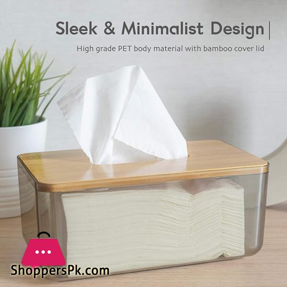 Minimalist Tissue Box Cover Holder, Modern Transparent Rectangular Bamboo Facial Tissues Dispenser for Bathroom, Bedroom