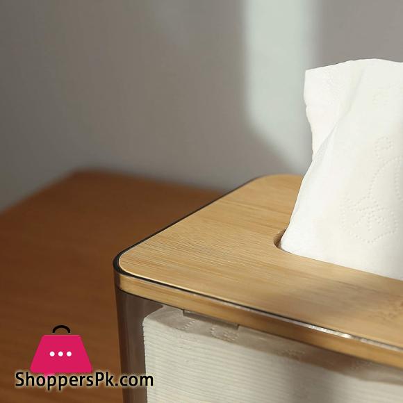 Minimalist Tissue Box Cover Holder, Modern Transparent Rectangular Bamboo Facial Tissues Dispenser for Bathroom, Bedroom