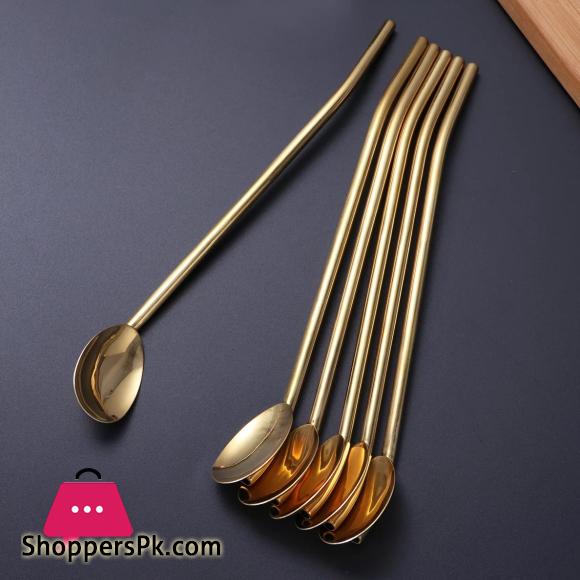 Pack of 6 Stainless Steel Drinking Spoon Straw Cocktail Straw & Spoon