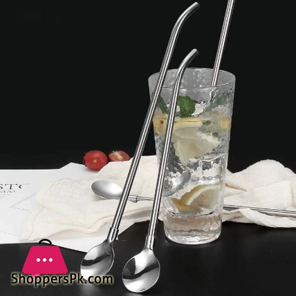 Pack of 6 Stainless Steel Drinking Spoon Straw Cocktail Straw & Spoon