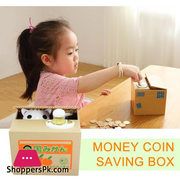 Piggy Bank Cat Steal Money Coin Saving Box Pot Case Battery Operated Gift White 14*7.5cm