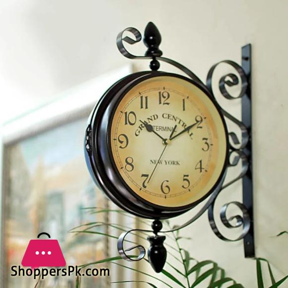 Rotating Dual faced Station Clock Round Wall Hanging Double Sided Garden Clock