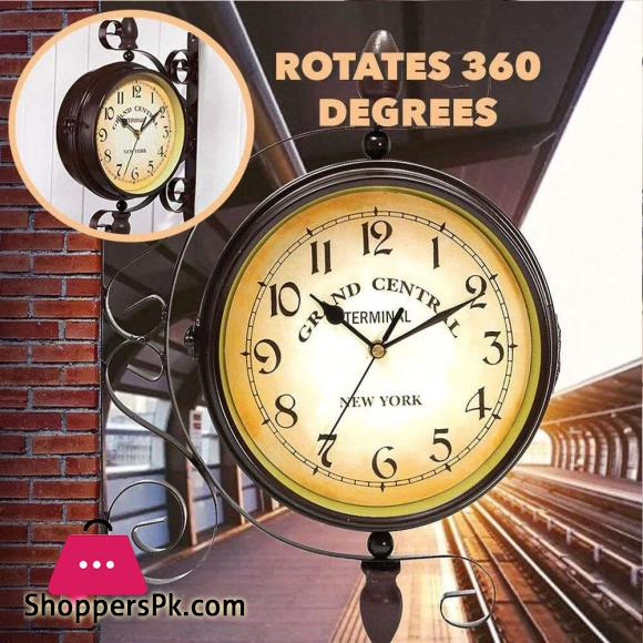 Rotating Dual faced Station Clock Round Wall Hanging Double Sided Garden Clock