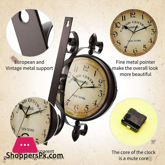Rotating Dual faced Station Clock Round Wall Hanging Double Sided Garden Clock