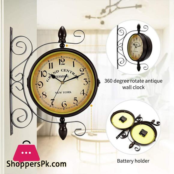 Rotating Dual faced Station Clock Round Wall Hanging Double Sided Garden Clock