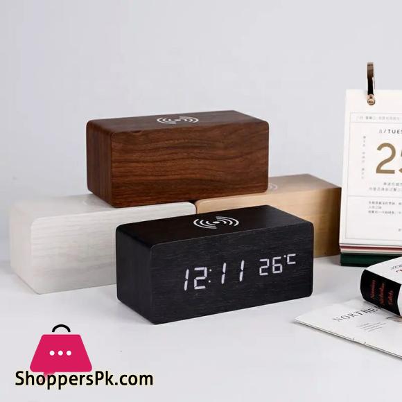 Wooden Digital Alarm Clock with QI Wireless Charging Pad Compatible with Iphone Samsung,
