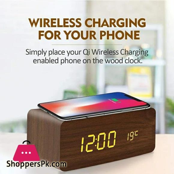 Wooden Digital Alarm Clock with QI Wireless Charging Pad Compatible with Iphone Samsung,