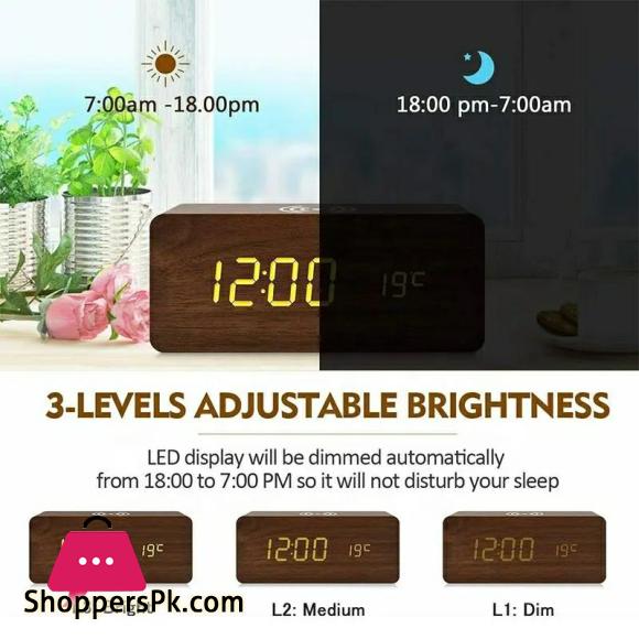 Wooden Digital Alarm Clock with QI Wireless Charging Pad Compatible with Iphone Samsung,