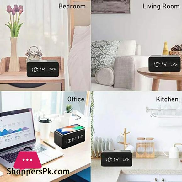 Wooden Digital Alarm Clock with QI Wireless Charging Pad Compatible with Iphone Samsung,