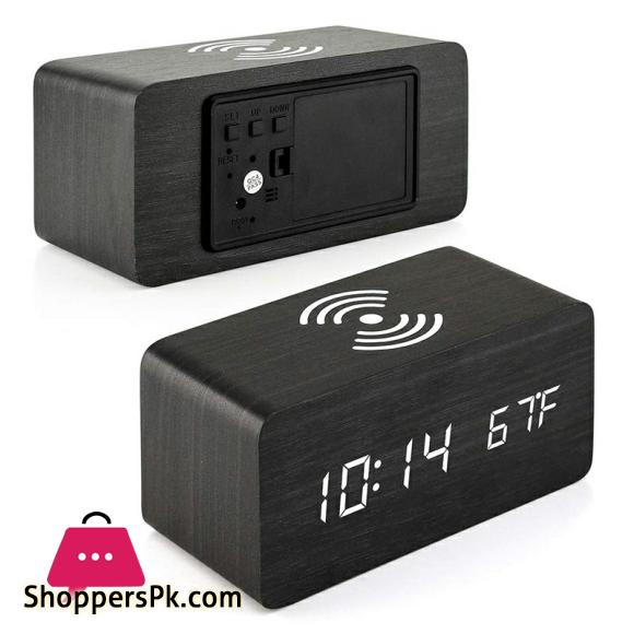 Wooden Digital Alarm Clock with QI Wireless Charging Pad Compatible with Iphone Samsung,