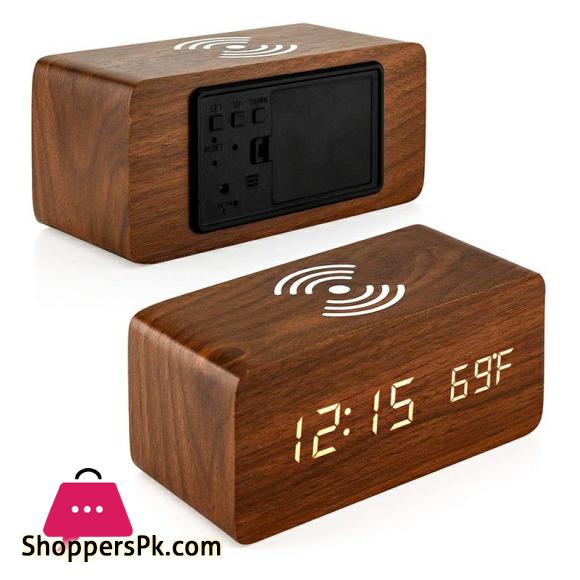 Wooden Digital Alarm Clock with QI Wireless Charging Pad Compatible with Iphone Samsung,