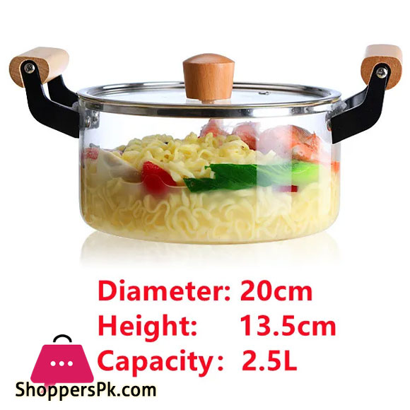 Borosilicate Glass Casserole Cooking Pot with Wooden handle Pyrex Glass Fireproof 2.5Liter