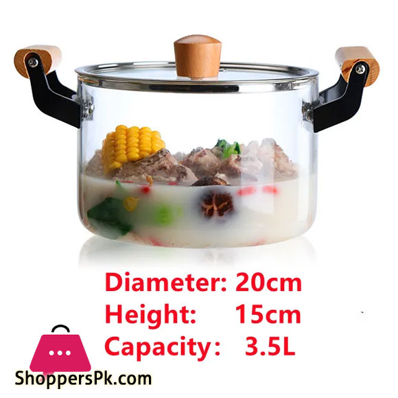 Borosilicate Glass Casserole Cooking Pot with Wooden handle Pyrex Glass Fireproof 3.5Liter