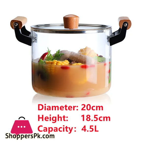 Borosilicate Glass Casserole Cooking Pot with Wooden handle Pyrex Glass Fireproof 4.5Liter