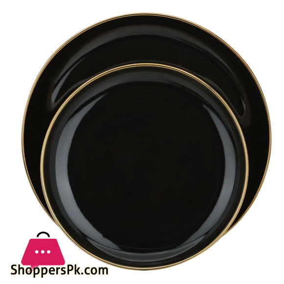 Dinner Set Black Round Porcelain with Wide Golden Line 51-Pieces 6 Person Serving