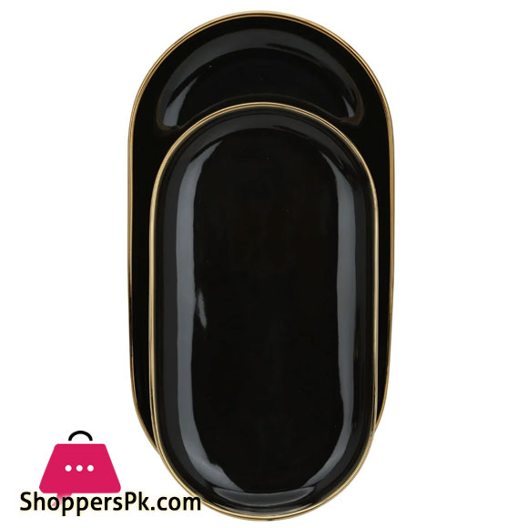 Dinner Set Black Round Porcelain with Wide Golden Line 51-Pieces 6 Person Serving
