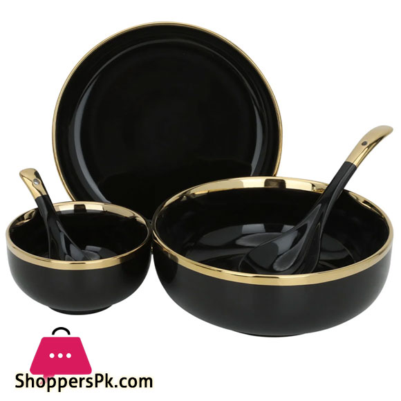 Dinner Set Black Round Porcelain with Wide Golden Line 51-Pieces 6 Person Serving