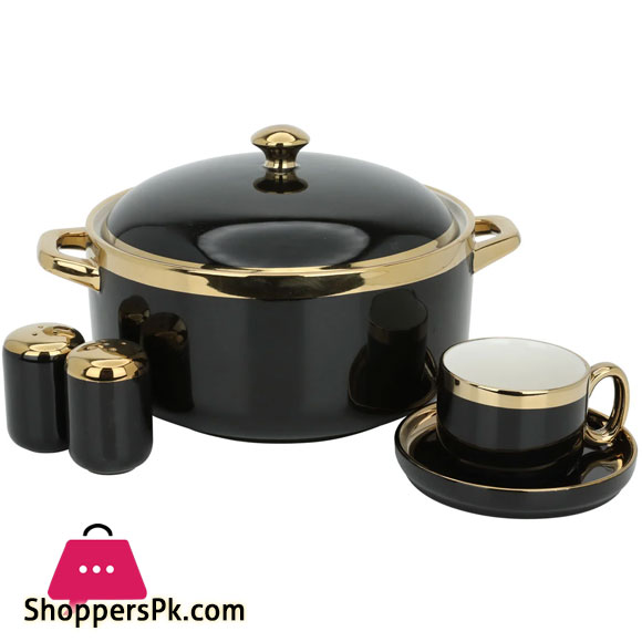 Dinner Set Black Round Porcelain with Wide Golden Line 51-Pieces 6 Person Serving