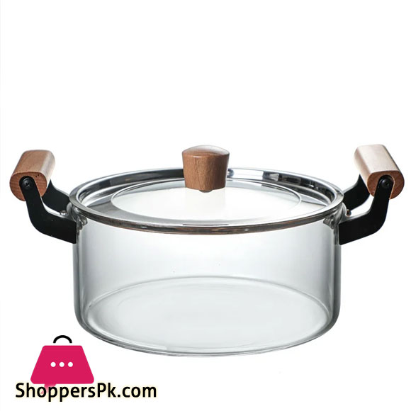 Borosilicate Glass Casserole Cooking Pot with Wooden handle Pyrex Glass Fireproof 2.5Liter
