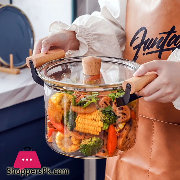 Borosilicate Glass Casserole Cooking Pot with Wooden handle Pyrex Glass Fireproof 2.5Liter