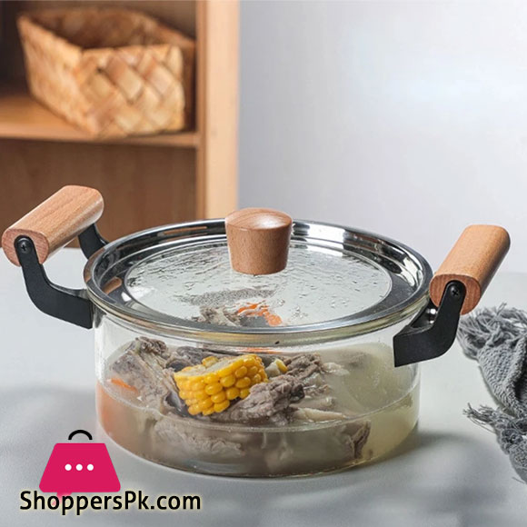 Borosilicate Glass Casserole Cooking Pot with Wooden handle Pyrex Glass Fireproof 2.5Liter