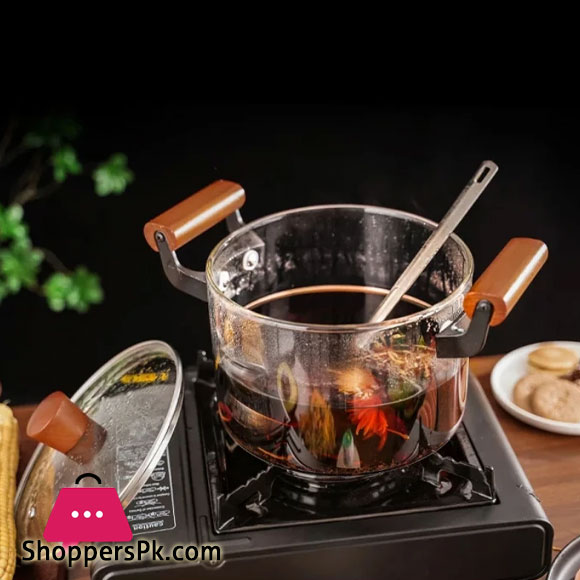 Borosilicate Glass Casserole Cooking Pot with Wooden handle Pyrex Glass Fireproof 2.5Liter