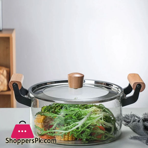 Borosilicate Glass Casserole Cooking Pot with Wooden handle Pyrex Glass Fireproof 2.5Liter