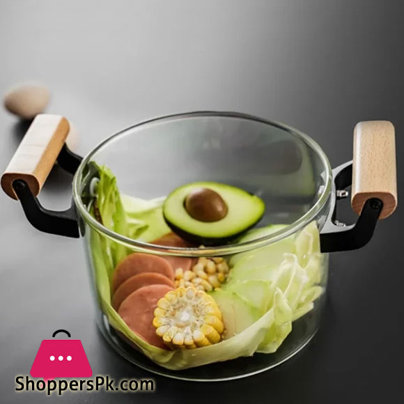 Borosilicate Glass Casserole Cooking Pot with Wooden handle Pyrex Glass Fireproof 2.5Liter