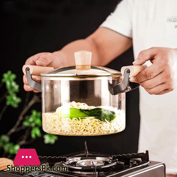 Borosilicate Glass Casserole Cooking Pot with Wooden handle Pyrex Glass Fireproof 2.5Liter