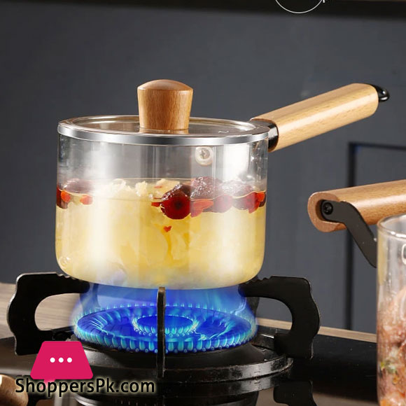 High Borosilicate Heat-resistant Transparent Glass Made Cooking Saucepan Pot With Wooden Handle – 3.5 Liter