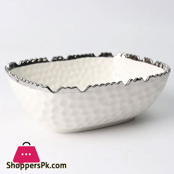 Royal Elegant Serving Bowl Embossed Design With Golden & Silver Edges - Beautiful Serving Bowl - Material Ceramic