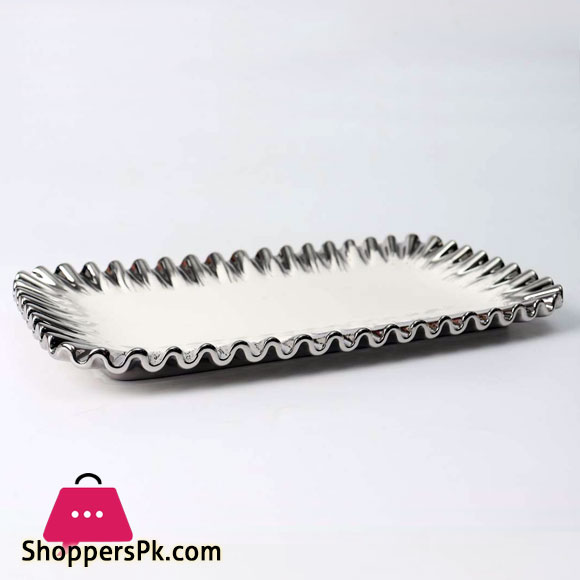 Royal Serving Platter Frilled Edges With Golden & Silver Borders - Beautiful Dish For Desserts & Candies - Super Quality Ceramic Platter