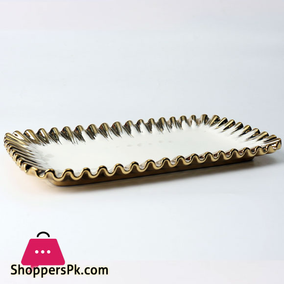 Royal Serving Platter Frilled Edges With Golden & Silver Borders - Beautiful Dish For Desserts & Candies - Super Quality Ceramic Platter