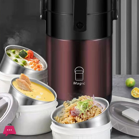 304 Stainless Steel Thermos Lunch Box Round Leak-Proof Multilayer Sealed Insulated Food Storage Container Work School Bento Box 2.6 Liter