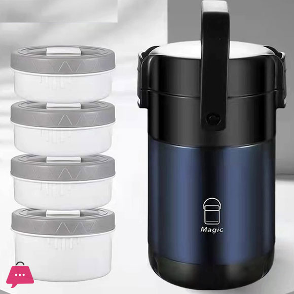 304 Stainless Steel Thermos Lunch Box Round Leak-Proof Multilayer Sealed Insulated Food Storage Container Work School Bento Box 2.6 Liter