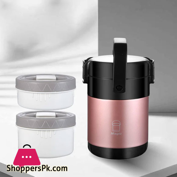 304 Stainless Steel Thermos Lunch Box Round Leak-Proof Multilayer Sealed Insulated Food Storage Container Work School Bento Box 1.9 Liter