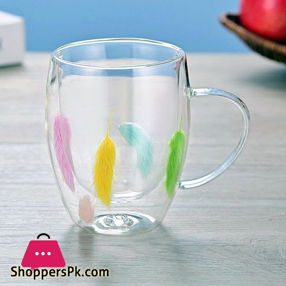 Borosilicate Glass Double Wall Mug with Colorful Feathers 350ML