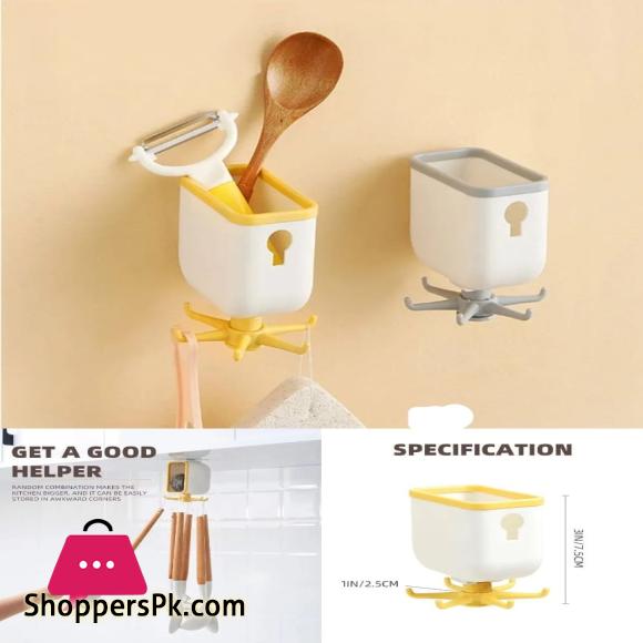 Wall-Mounted Self Adhesive Storage Holder With 360 Degree Rotating Hooks Hanger Bathroom Utensils Kitchen Organizer Storage Box Wall Hook Kitchenware Storage Rack